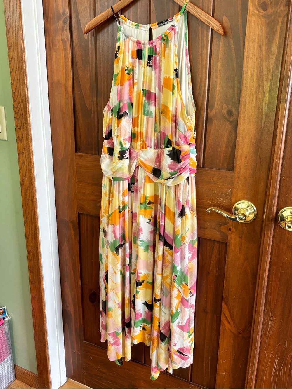 London Times Multicolor Halter Midi Dress in Pink, Orange, Yellow & Green